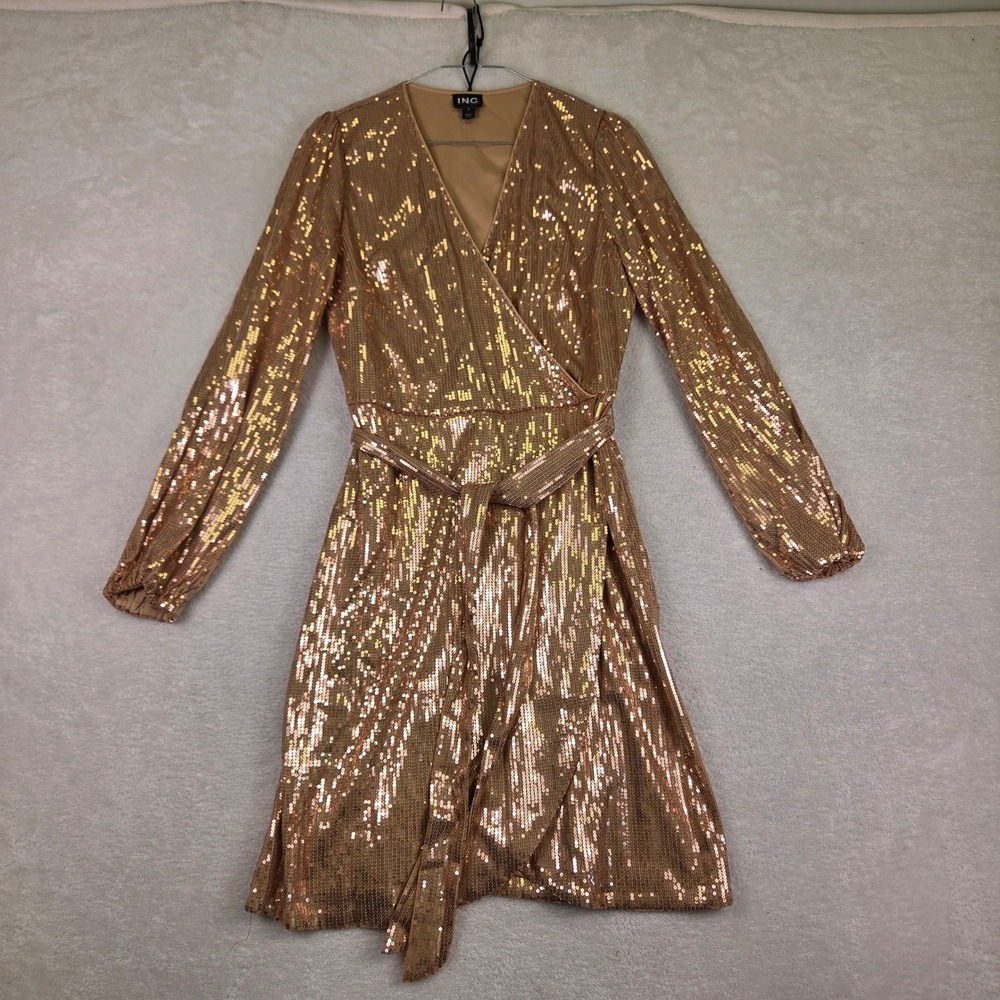 INC International Concepts Rose Gold Sequin Wrap Dress Long Sleeve V-Neck Lined